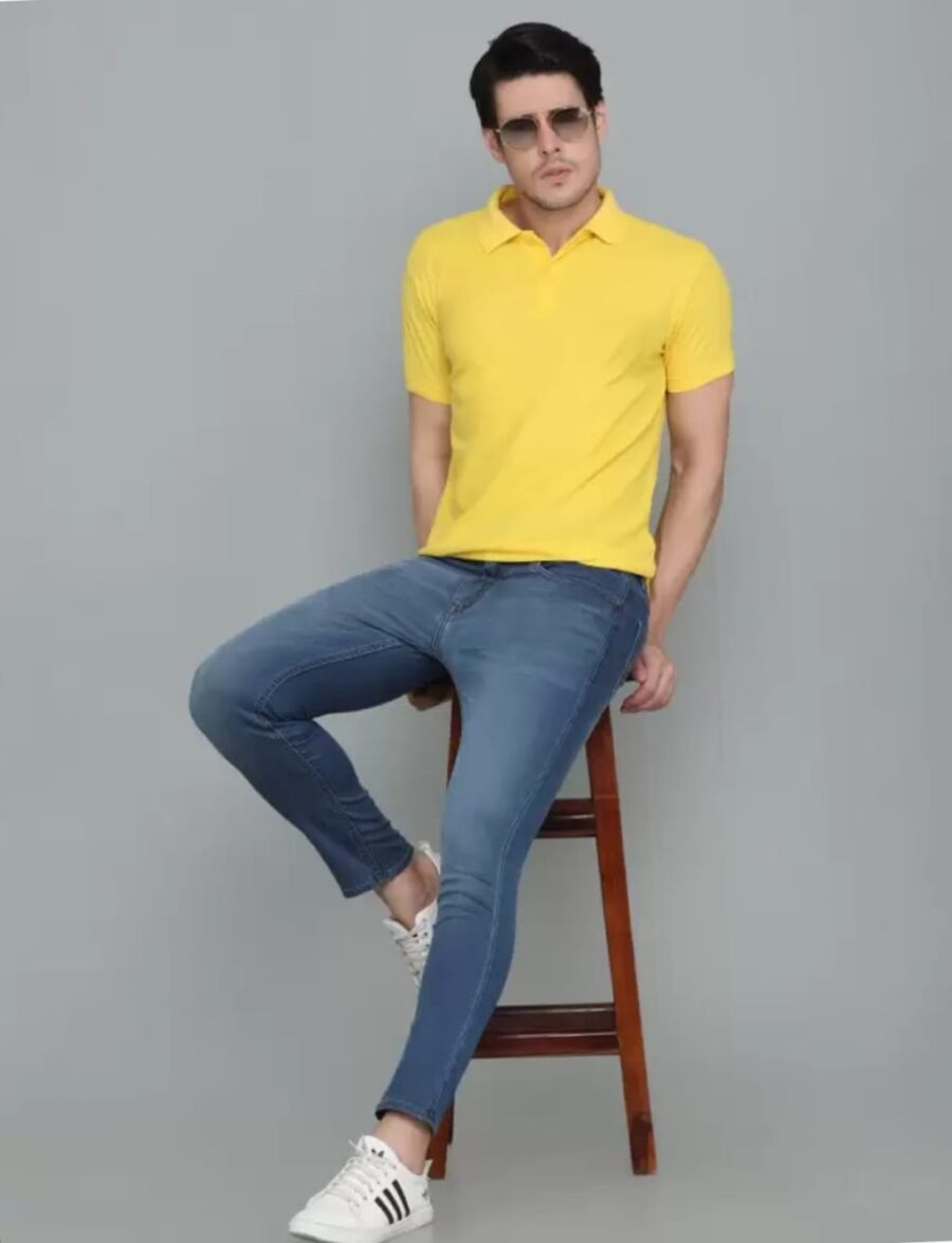 Men Solid Polo Neck Cotton Blend Yellow T-Shirt