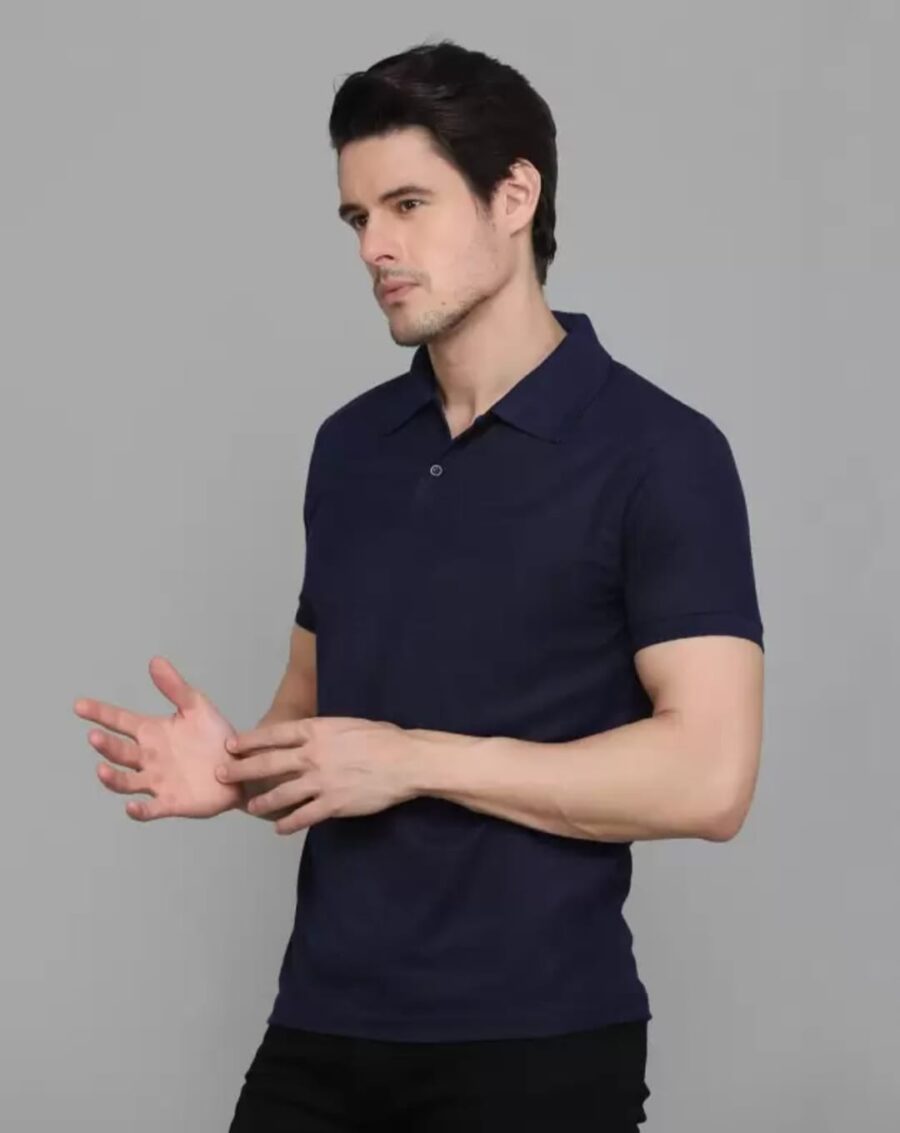Men Solid Polo Neck Cotton Blend Navy Blue T-Shirt