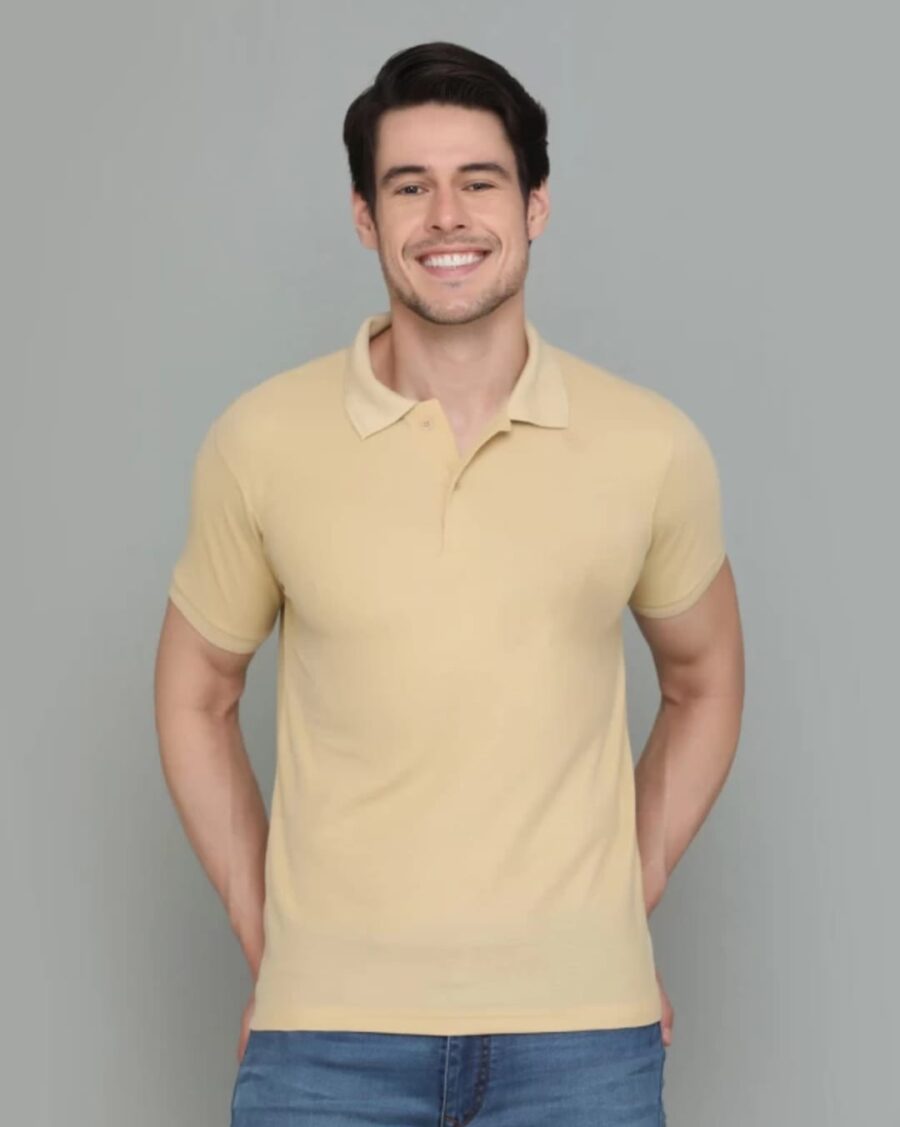 Men Solid Polo Neck Cotton Blend Biege T-Shirt