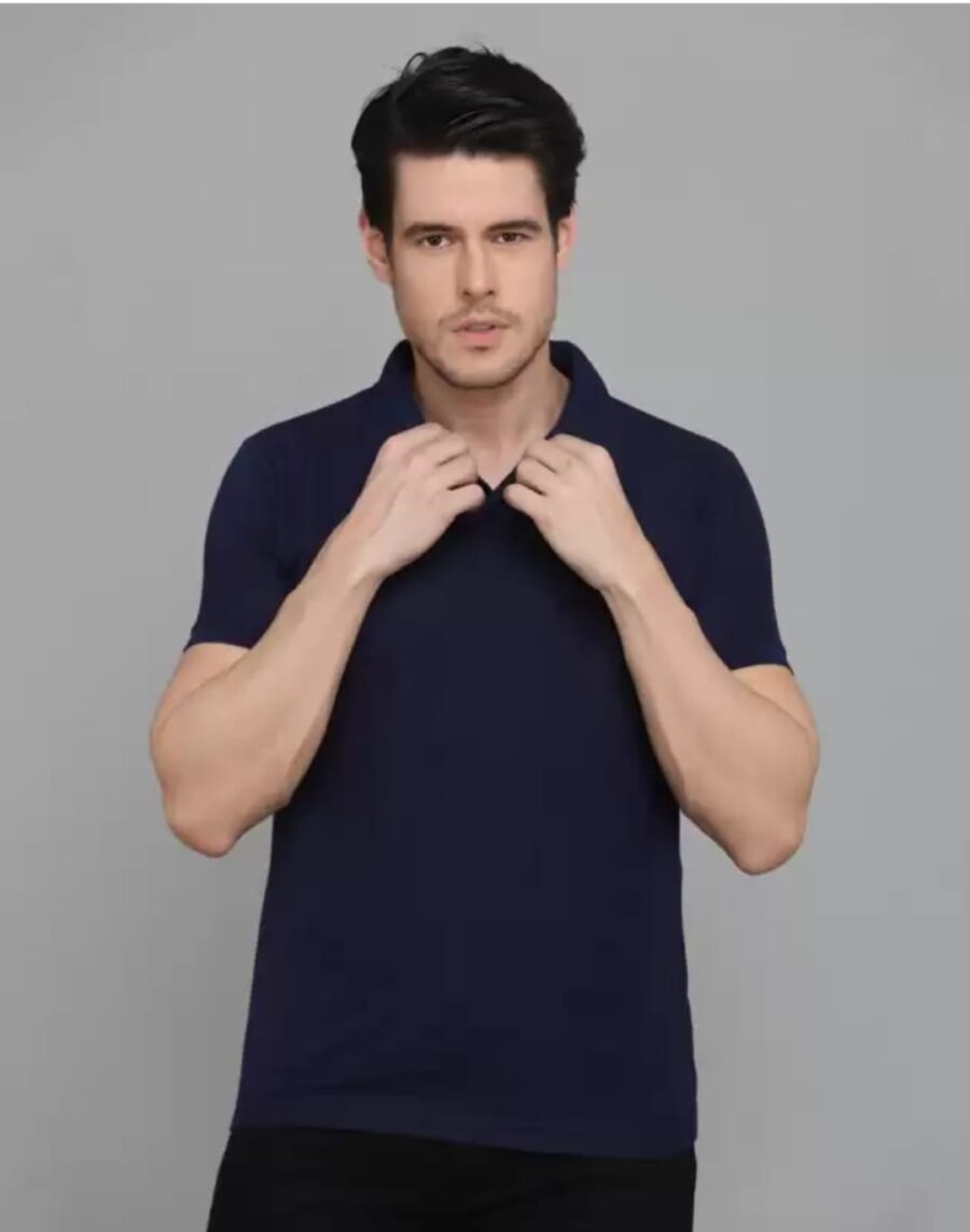 Men Solid Polo Neck Cotton Blend Navy Blue T-Shirt