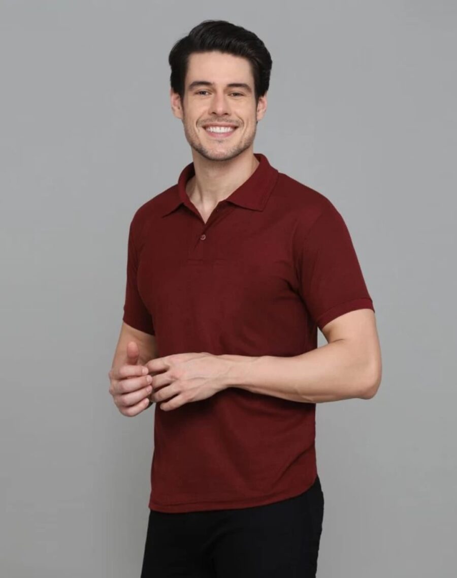 Men Solid Polo Neck Cotton Blend Maroon T-Shirt