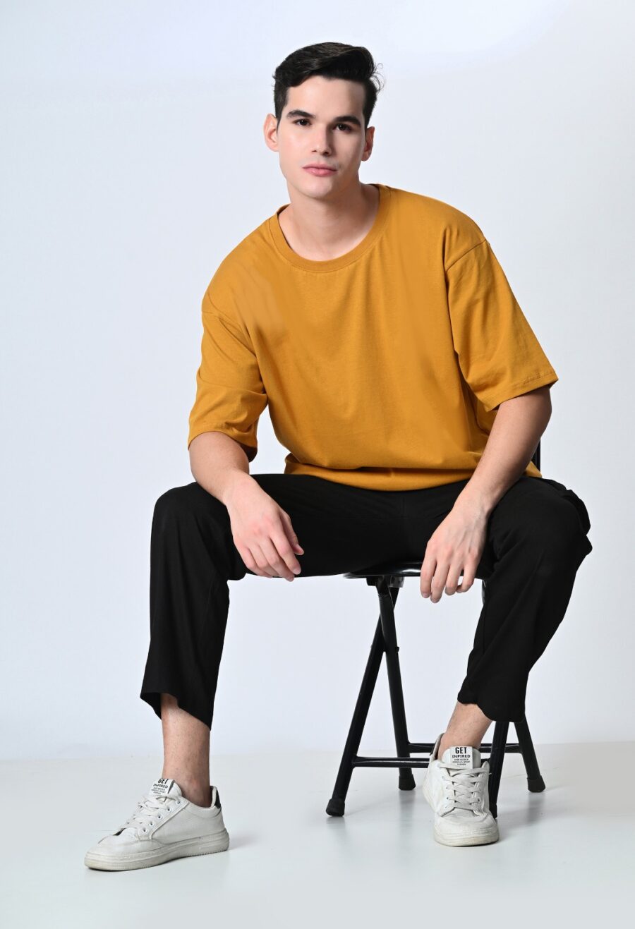 Yellow Round Neck Drop-Shoulder Sleeves Cotton Oversized T-shirt