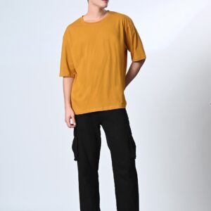 Yellow Round Neck Drop-Shoulder Sleeves Cotton Oversized T-shirt