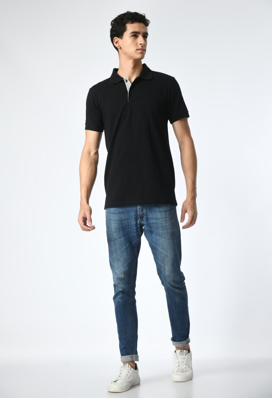 Men Solid Polo Neck Cotton Blend Black T-Shirt