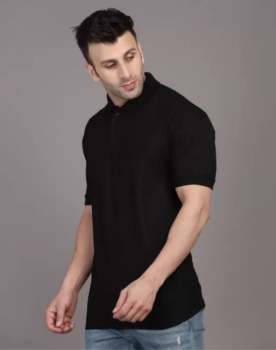 Men Solid Polo Neck Cotton Blend Black T-Shirt