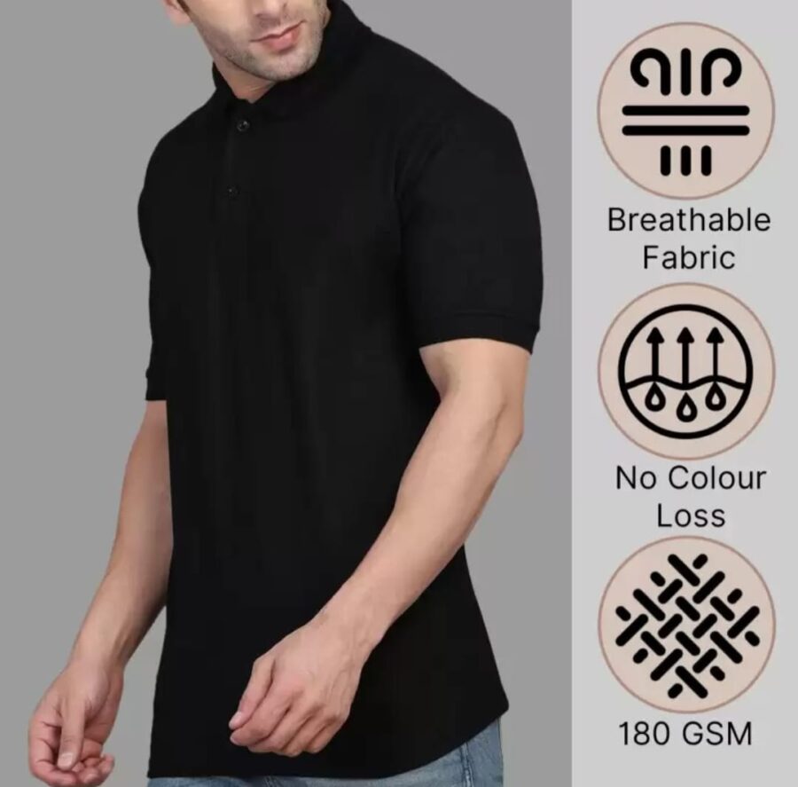 Men Solid Polo Neck Cotton Blend Black T-Shirt