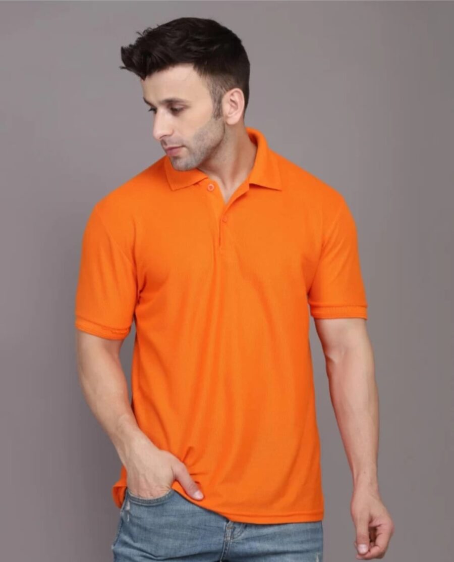 Men Solid Polo Neck Cotton Blend Orange T-Shirt