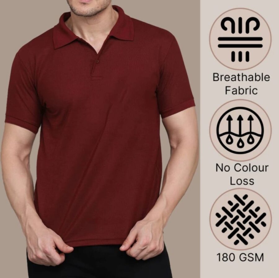 Men Solid Polo Neck Cotton Blend Maroon T-Shirt
