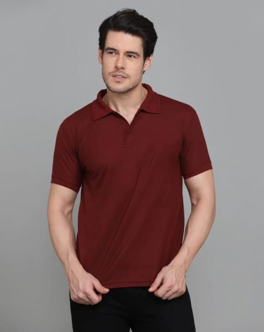 Men Solid Polo Neck Cotton Blend Maroon T-Shirt