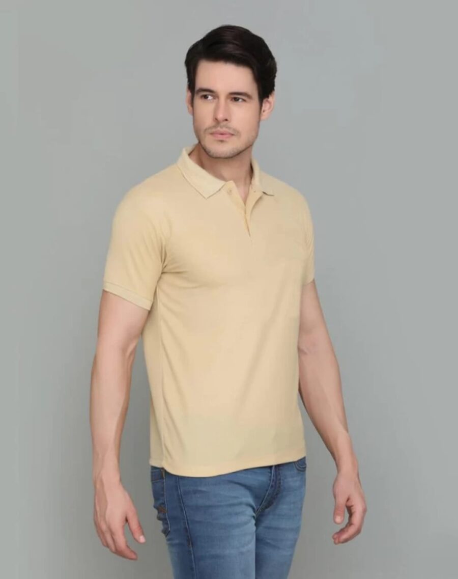 Men Solid Polo Neck Cotton Blend Biege T-Shirt