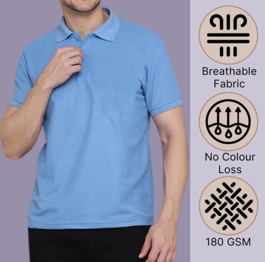 Men Solid Polo Neck Cotton Blend Sky Blue T-Shirt