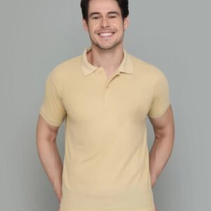 Men Solid Polo Neck Cotton Blend Biege T-Shirt