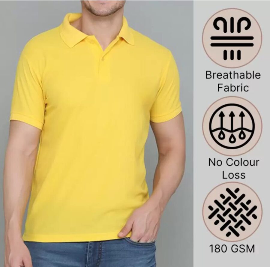 Men Solid Polo Neck Cotton Blend Yellow T-Shirt
