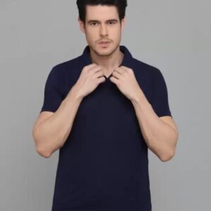 Men Solid Polo Neck Cotton Blend Navy Blue T-Shirt