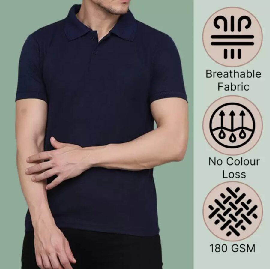 Men Solid Polo Neck Cotton Blend Navy Blue T-Shirt