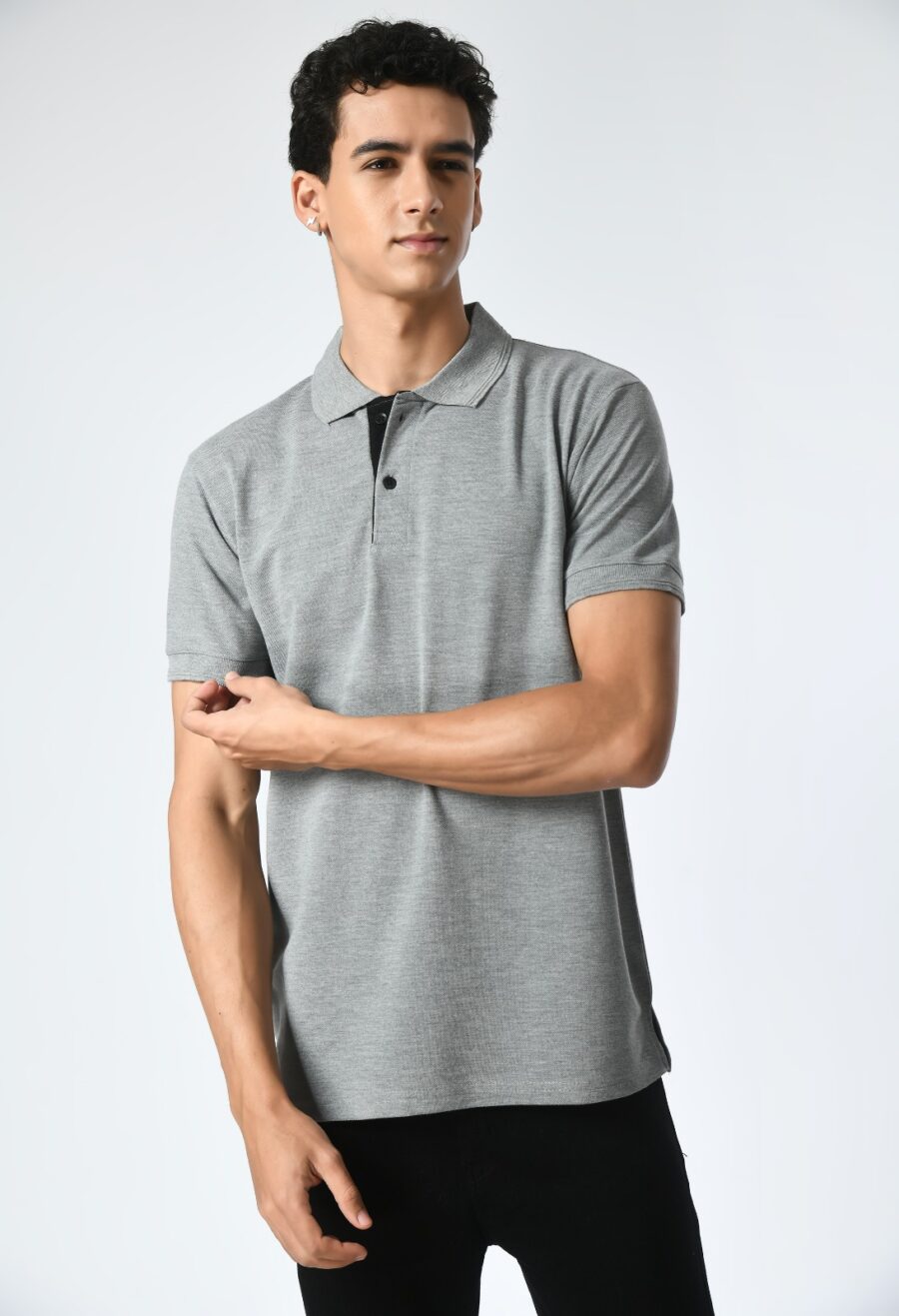 Men Solid Polo Neck Cotton Blend Grey T-Shirt