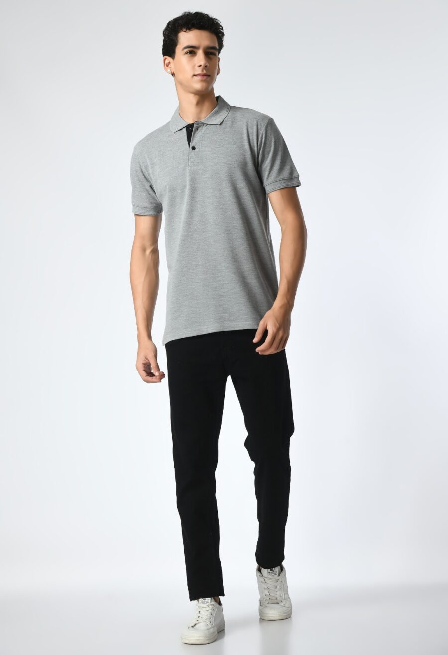 Men Solid Polo Neck Cotton Blend Grey T-Shirt
