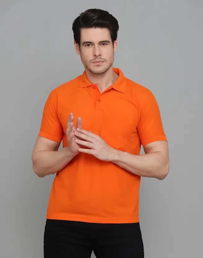 Men Solid Polo Neck Cotton Blend Orange T-Shirt