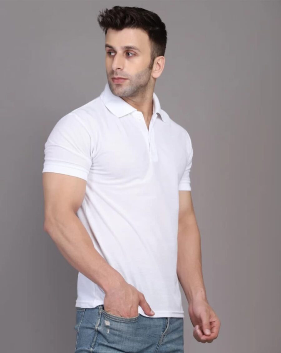 Men Solid Polo Neck Cotton Blend White T-Shirt