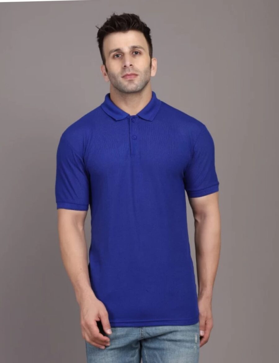 Men Solid Polo Neck Cotton Blend BlueT-Shirt
