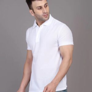 Men Solid Polo Neck Cotton Blend White T-Shirt