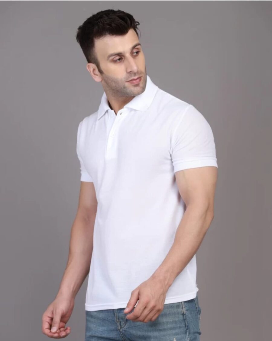 Men Solid Polo Neck Cotton Blend White T-Shirt