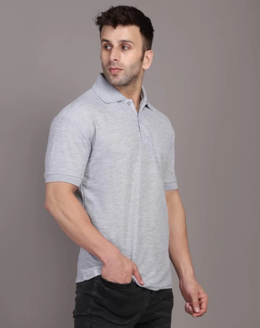Men Solid Polo Neck Cotton Blend Grey T-Shirt