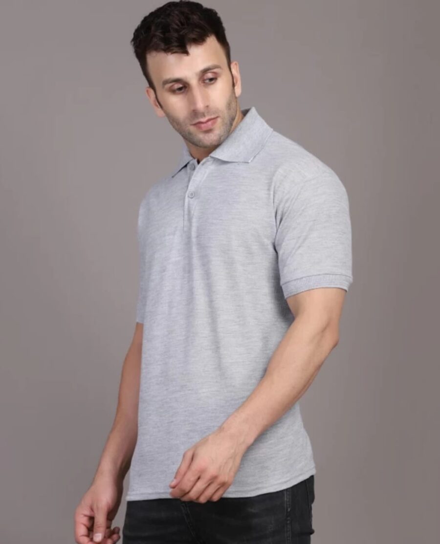 Men Solid Polo Neck Cotton Blend Grey T-Shirt