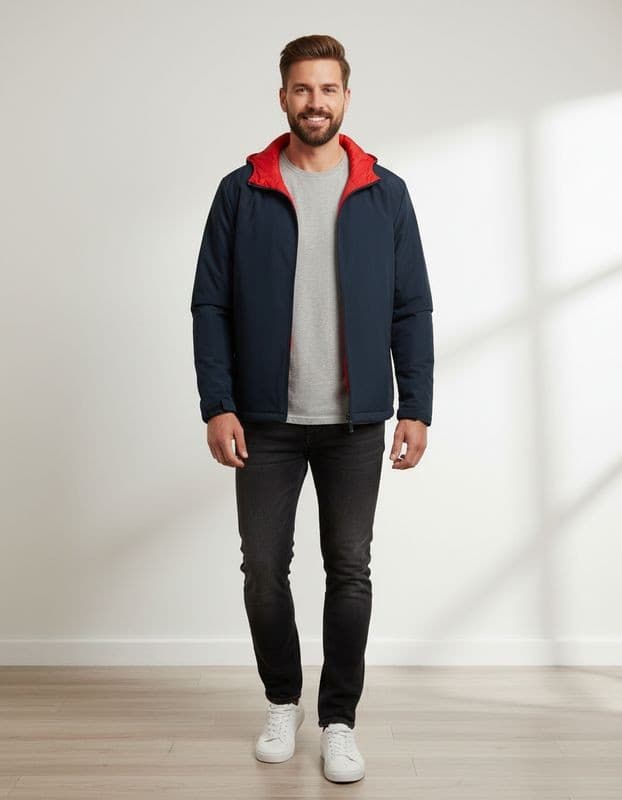 Men’s Insulated Zip-Up Jacket with Contrast Hood – Navy Blue & Red