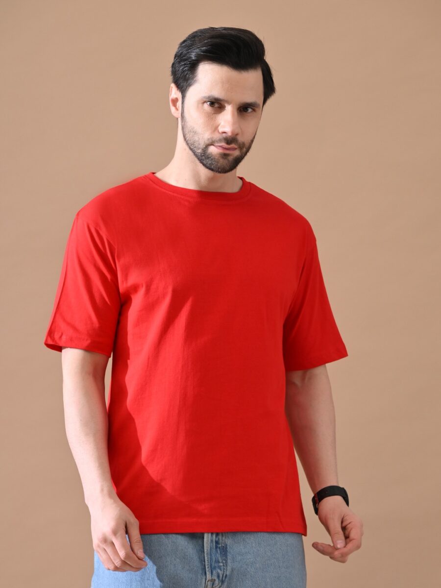 WhatsApp Image 2026-01-20 at 11.43.34 AM Red Round Neck Drop-Shoulder Sleeves Cotton Oversized T-shirt