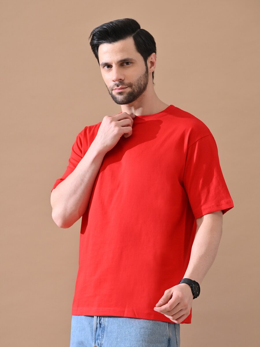 WhatsApp Image 2026-01-20 at 11.43.35 AM Red Round Neck Drop-Shoulder Sleeves Cotton Oversized T-shirt